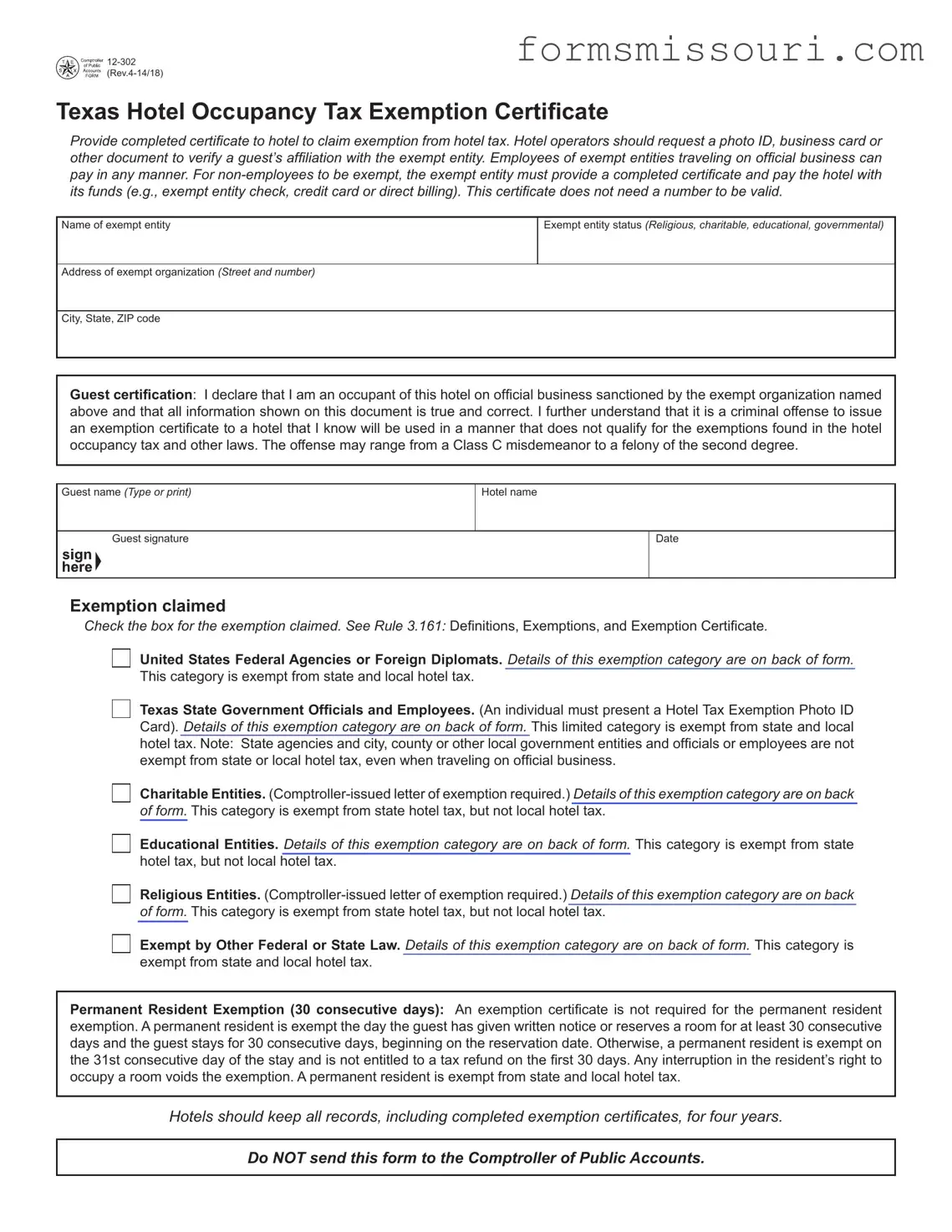 Hotel Tax Exemption Missouri Form