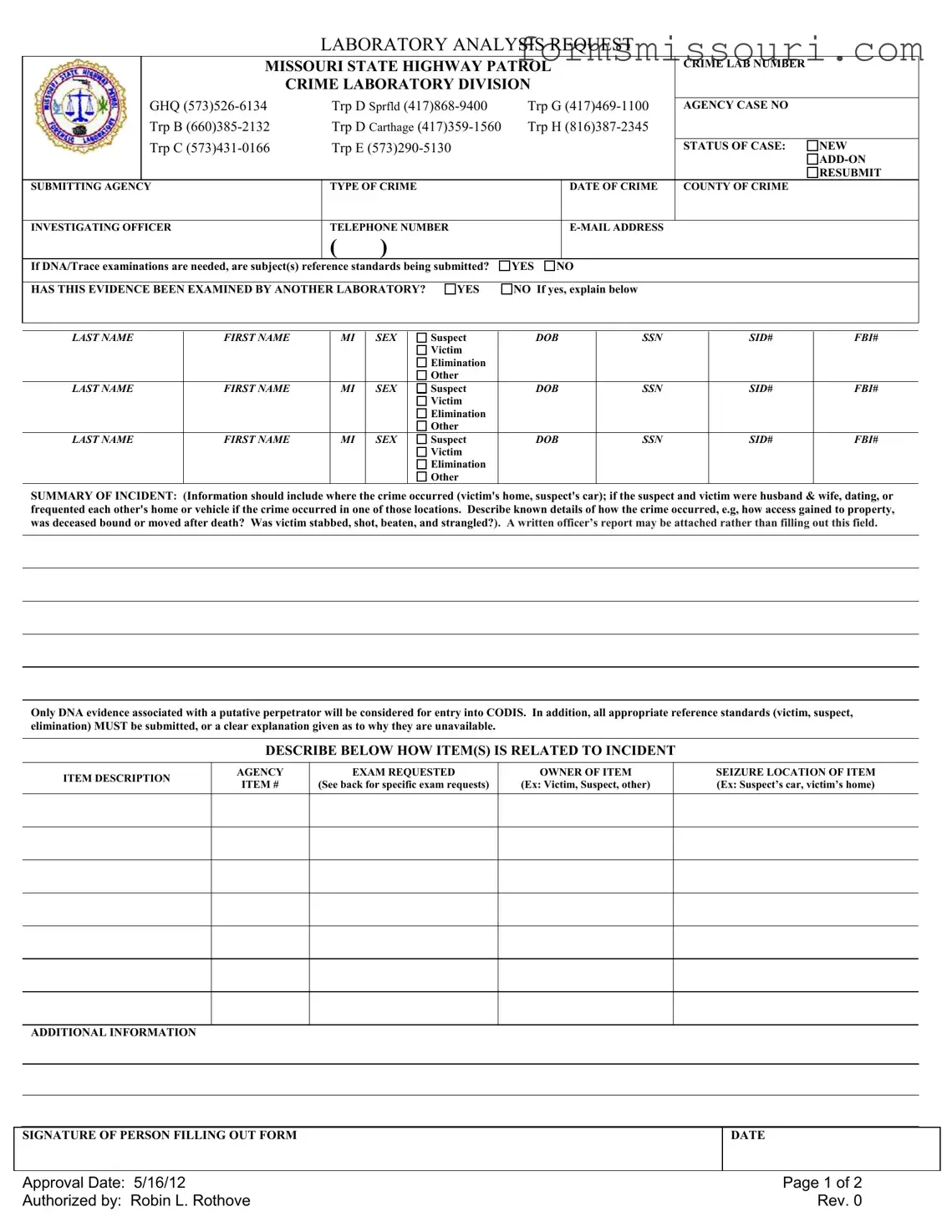 Laboratory Analysis Request Missouri Form