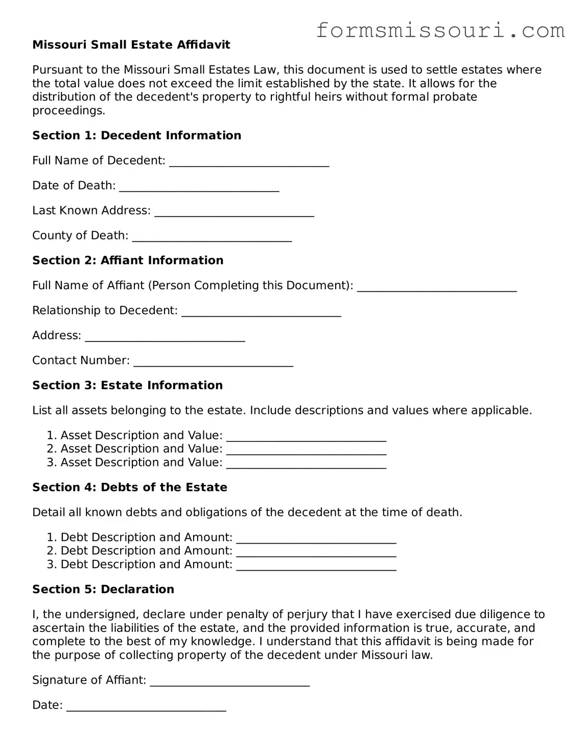  Small Estate Affidavit Form for Missouri