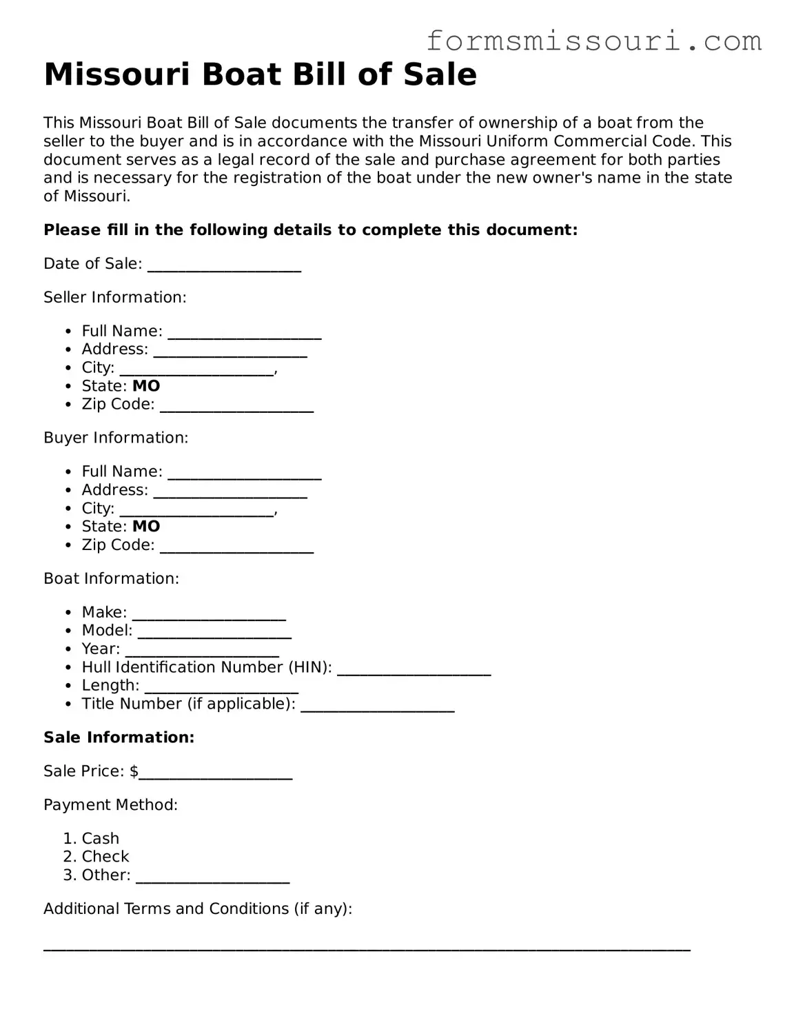  Boat Bill of Sale Form for Missouri