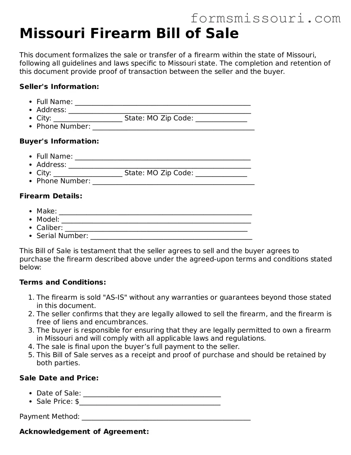  Firearm Bill of Sale Form for Missouri