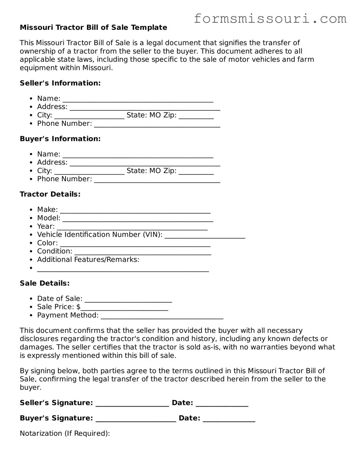  Tractor Bill of Sale Form for Missouri