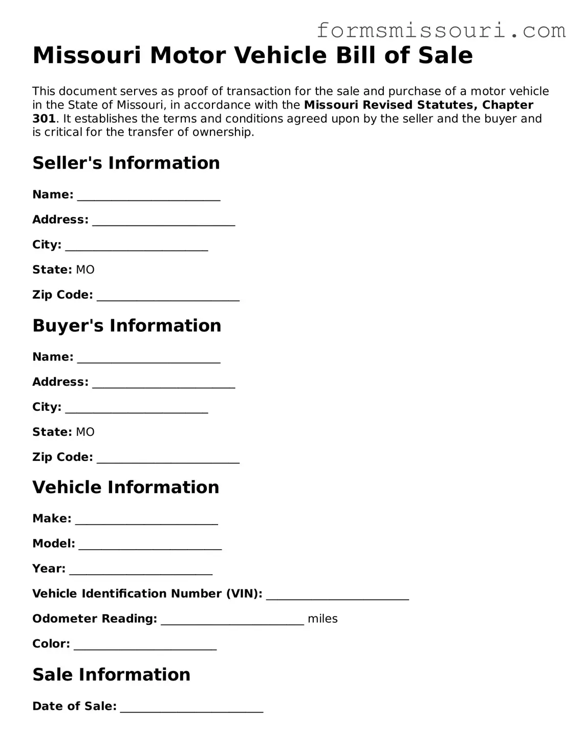  Motor Vehicle Bill of Sale Form for Missouri