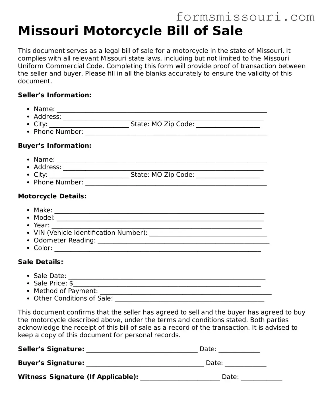  Motorcycle Bill of Sale Form for Missouri