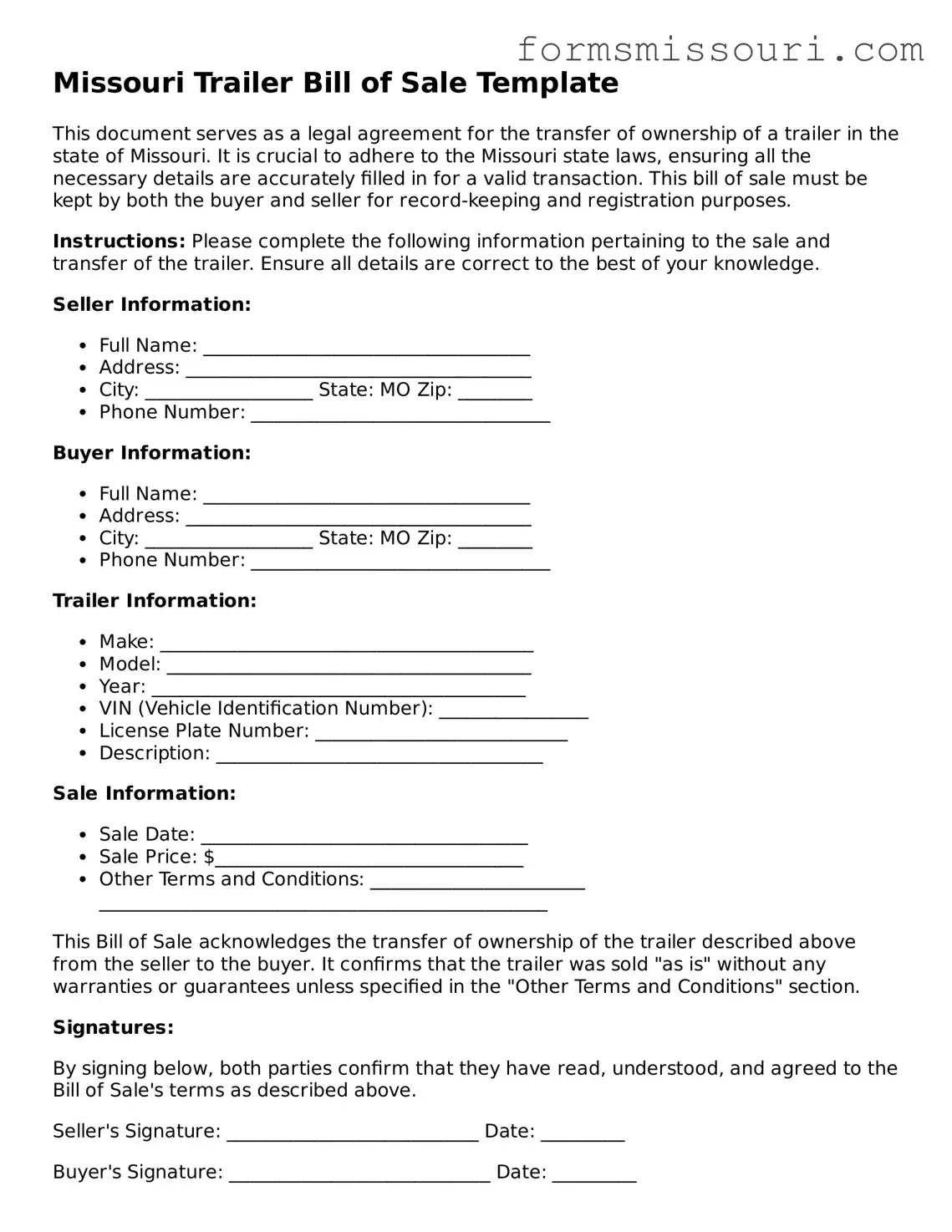  Trailer Bill of Sale Form for Missouri