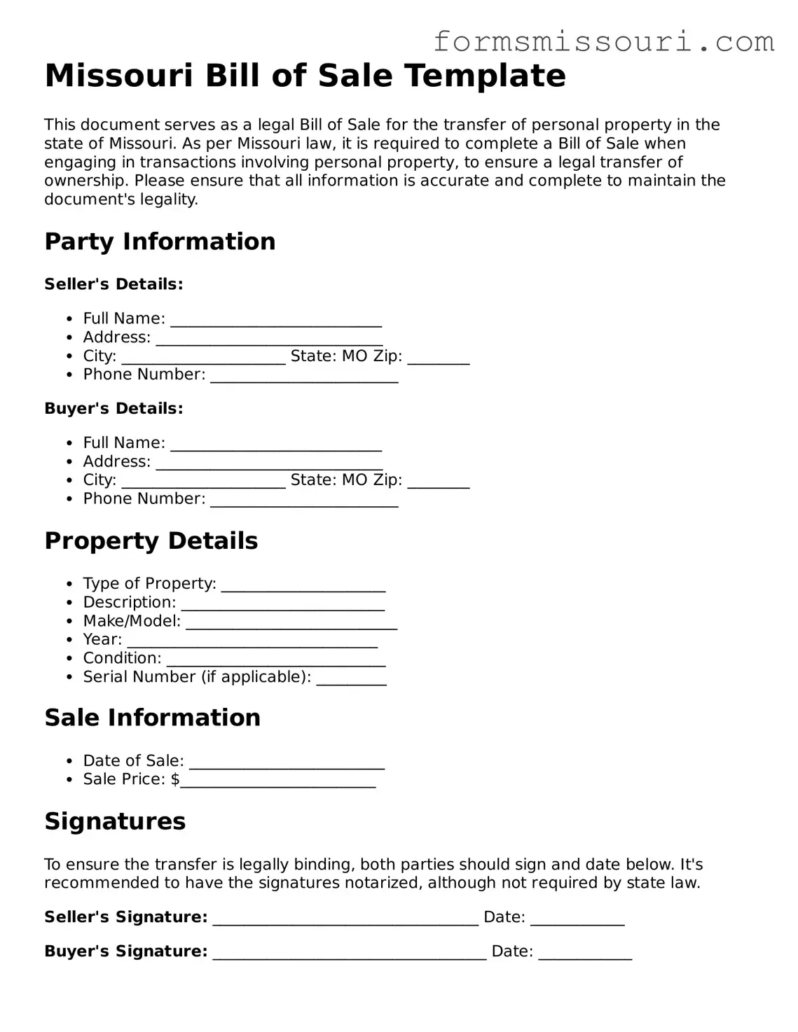  Bill of Sale Form for Missouri