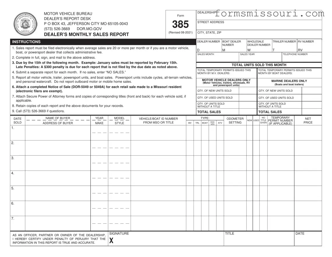 Missouri Dealer Monthly Sales Report Form