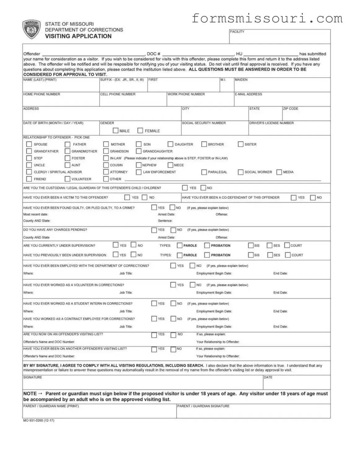 Missouri Dept Of Corrections Form