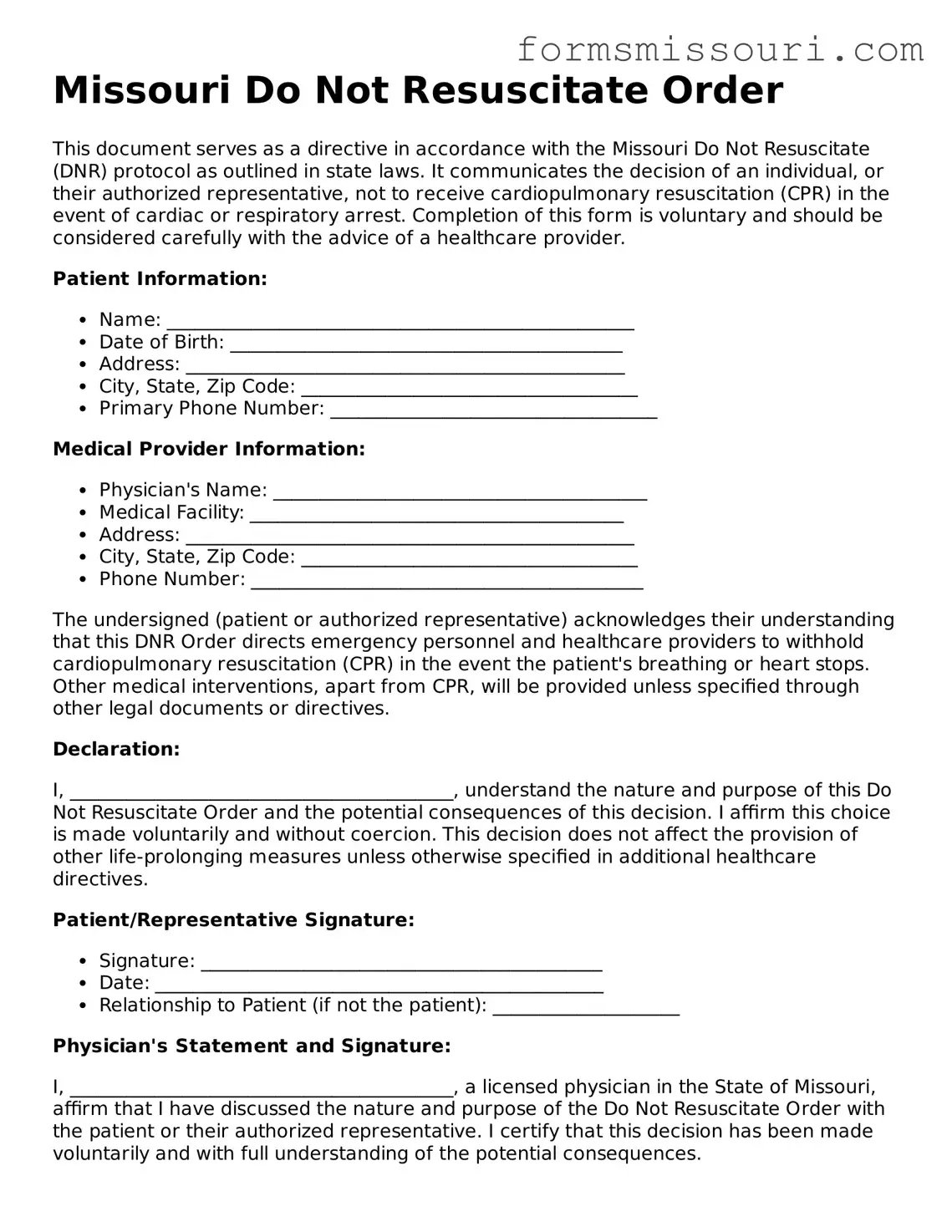  Do Not Resuscitate Order Form for Missouri