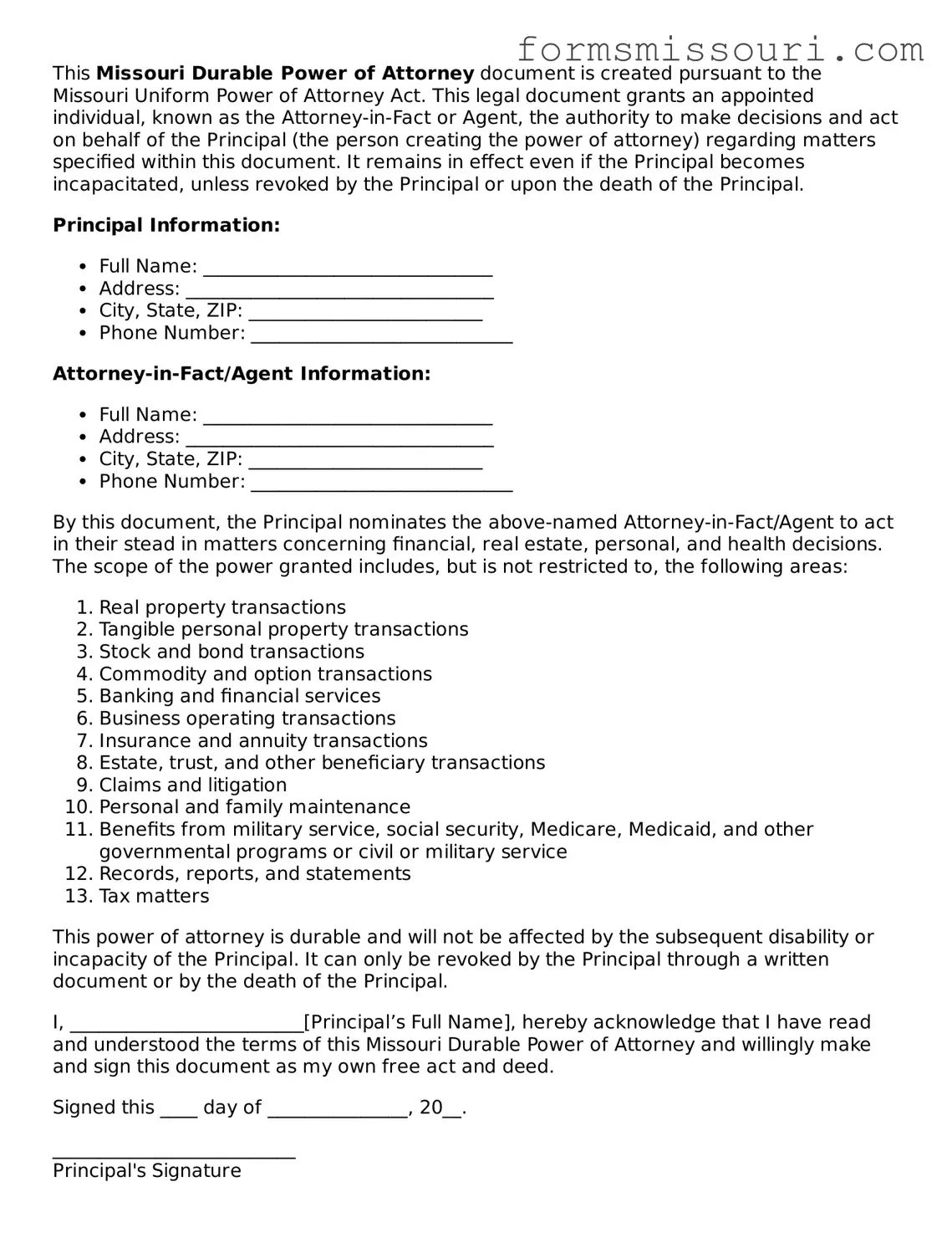  Durable Power of Attorney Form for Missouri