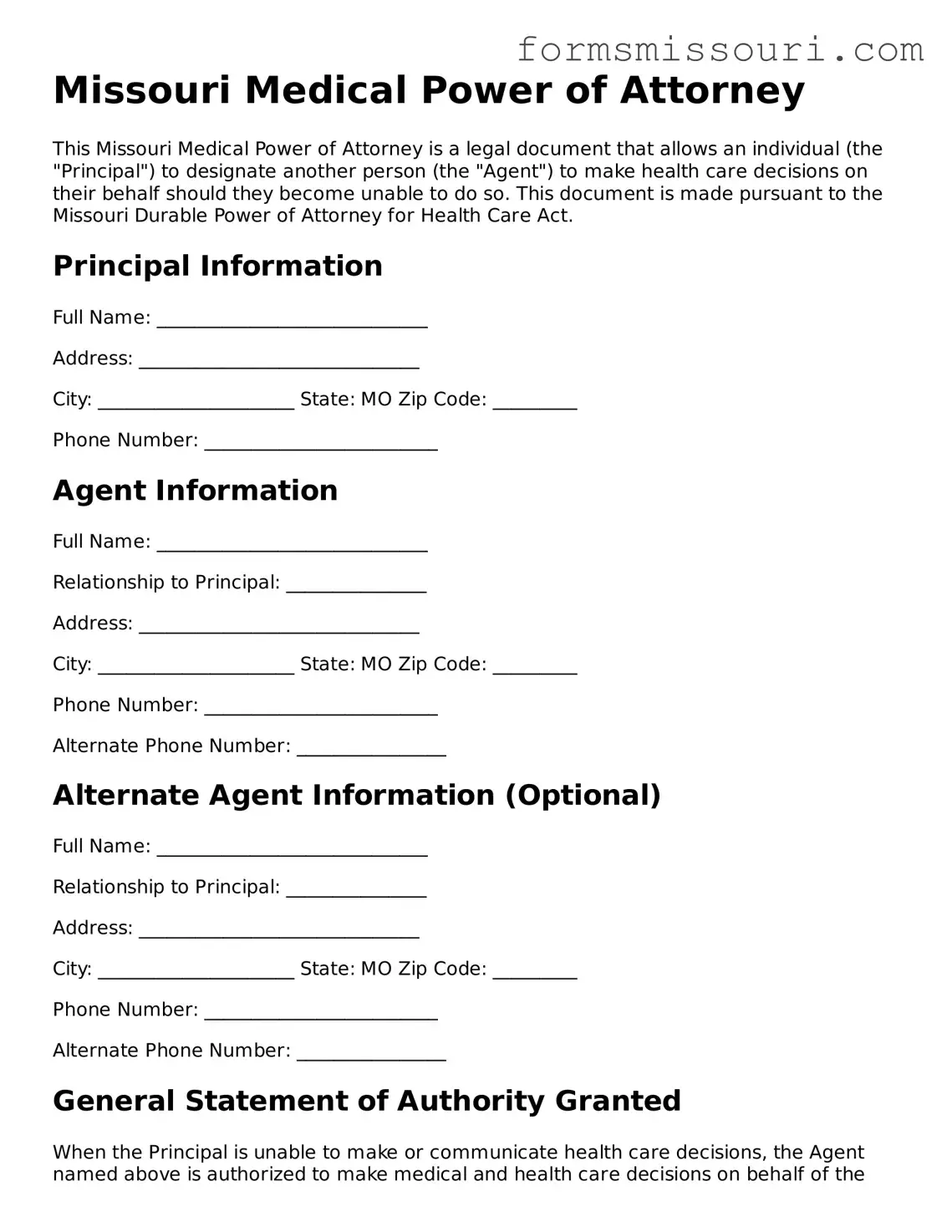  Medical Power of Attorney Form for Missouri