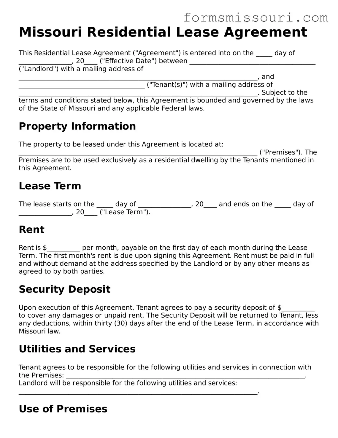 Residential Lease Agreement Form for Missouri