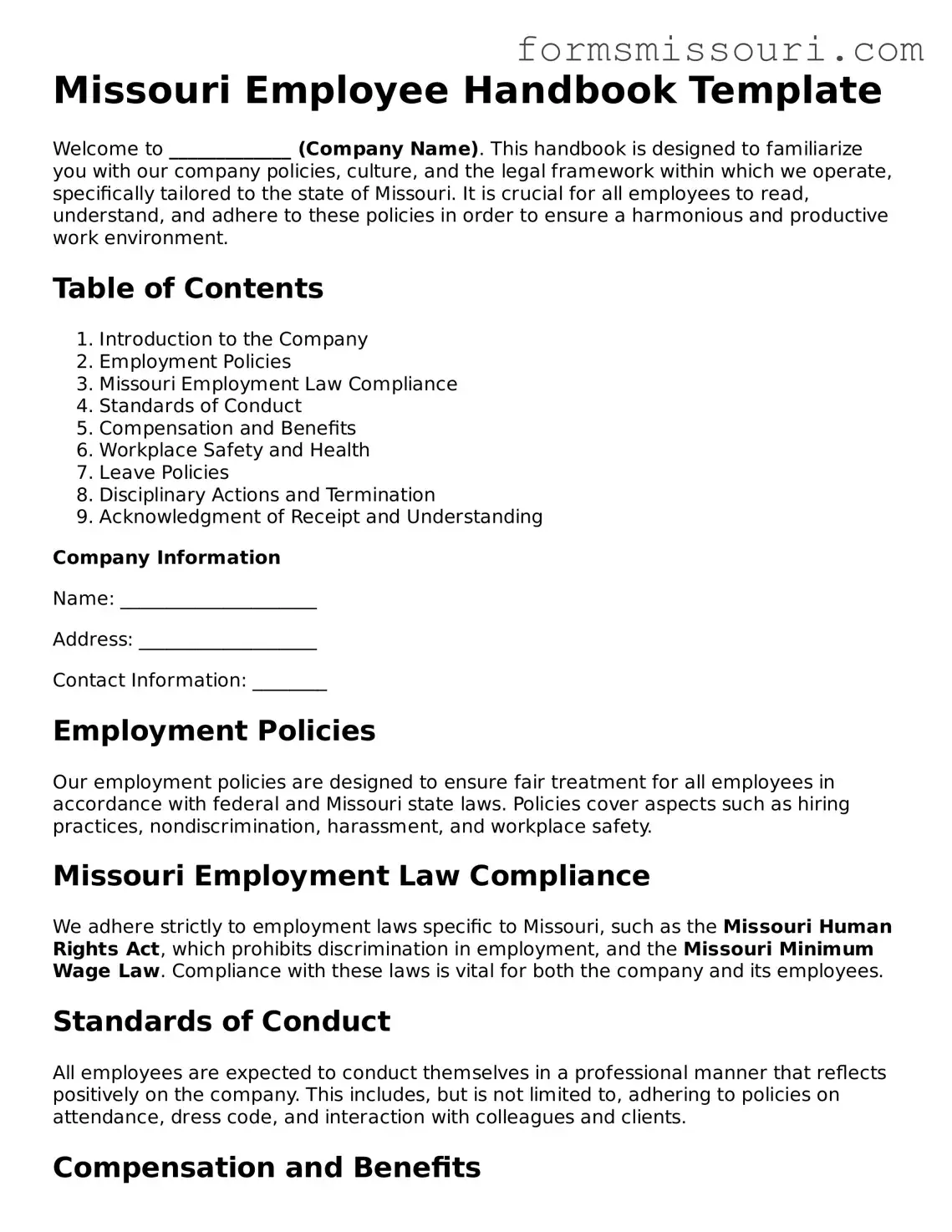  Employee Handbook Form for Missouri