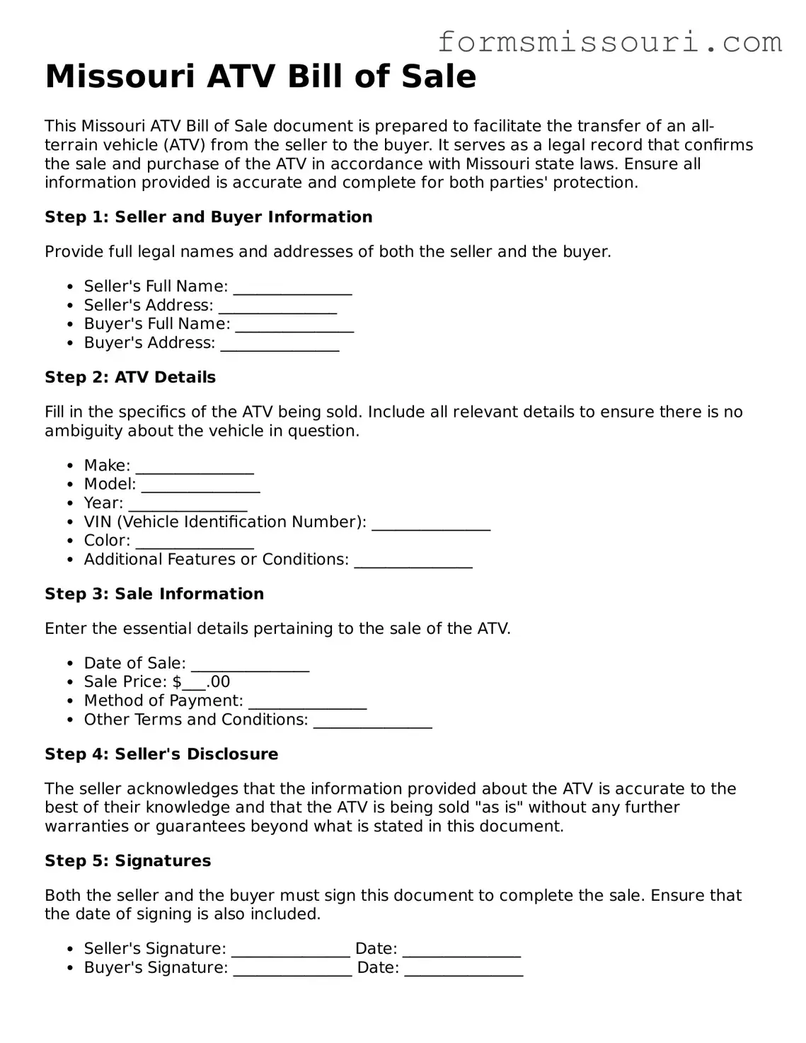  ATV Bill of Sale Form for Missouri