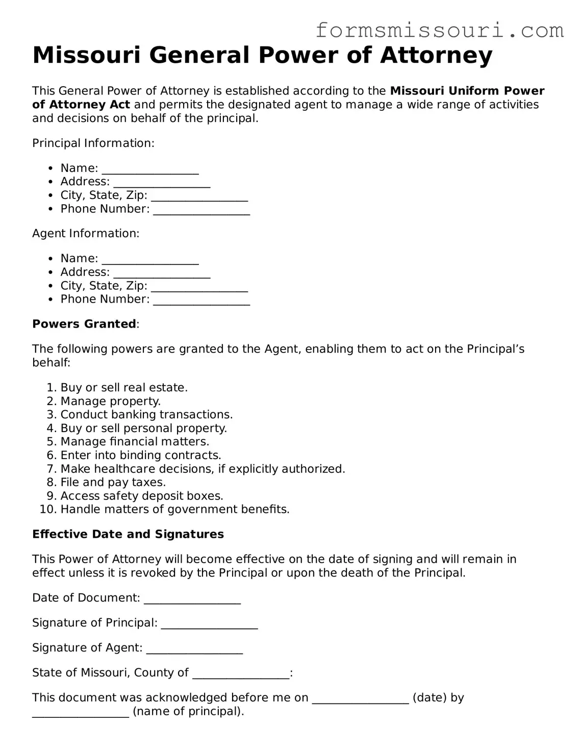  General Power of Attorney Form for Missouri