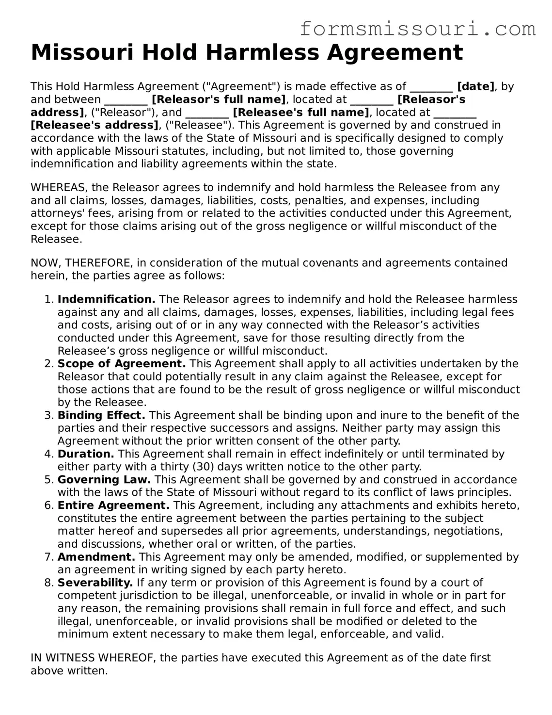  Hold Harmless Agreement Form for Missouri