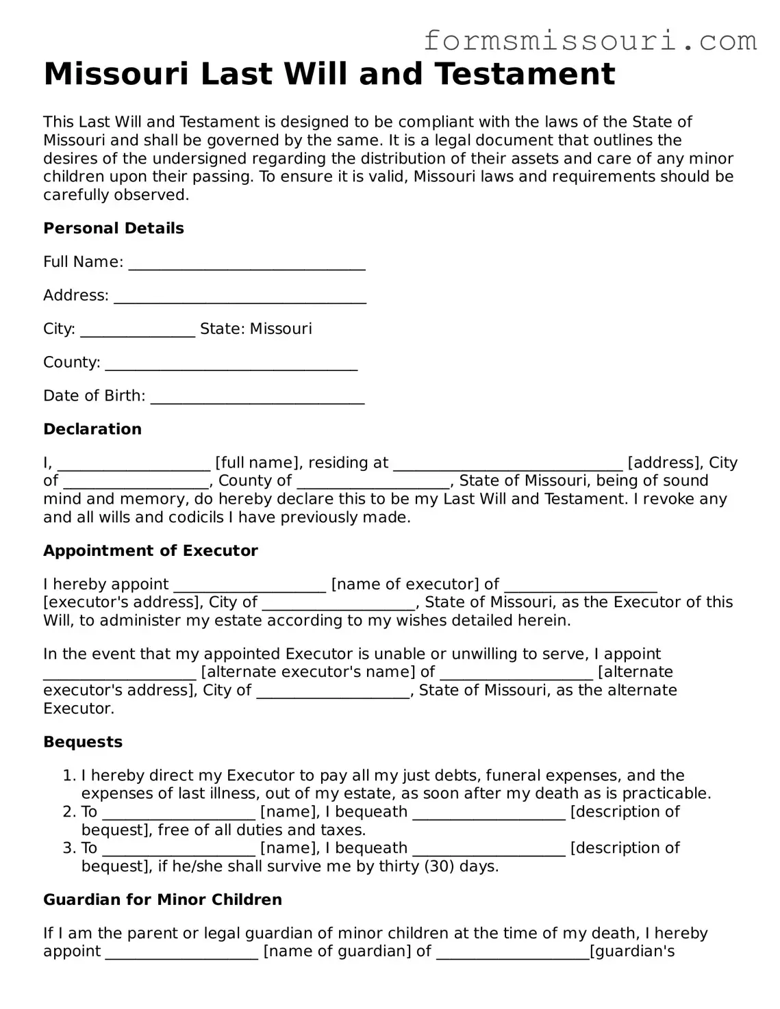  Last Will and Testament Form for Missouri
