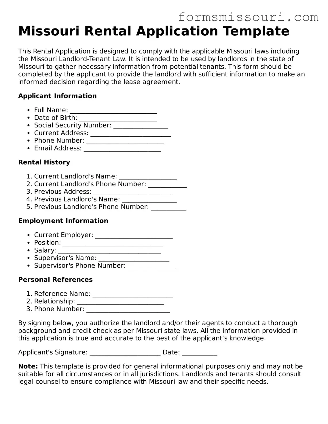  Rental Application Form for Missouri