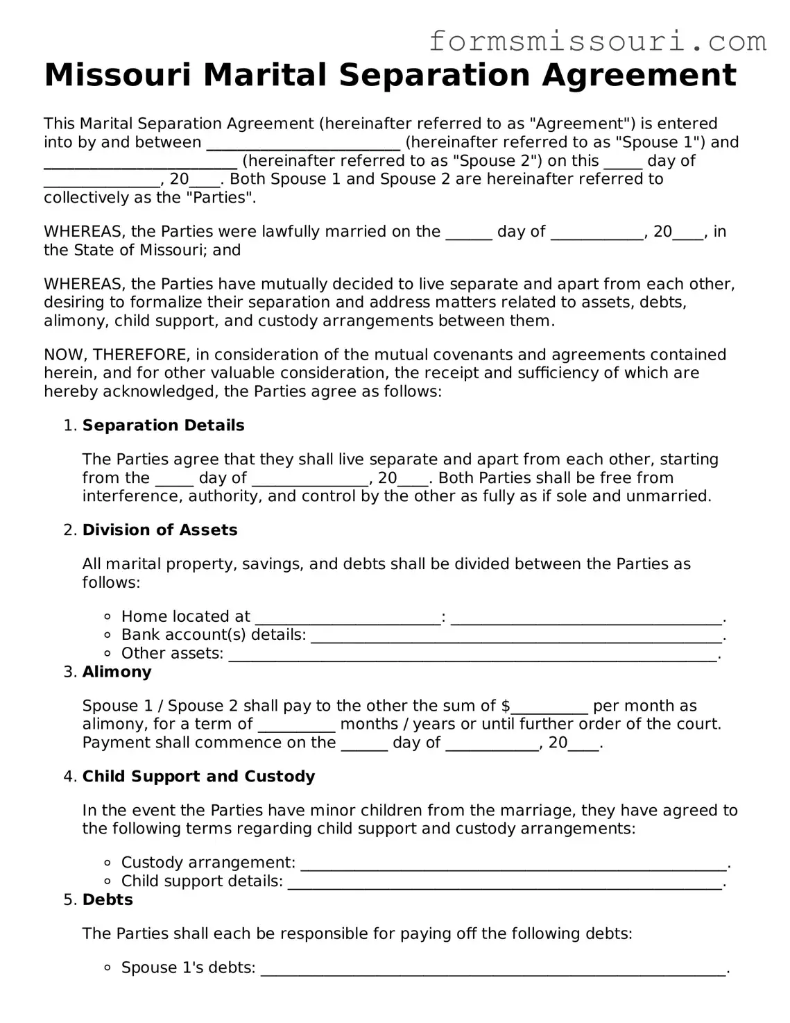  Marital Separation Agreement Form for Missouri