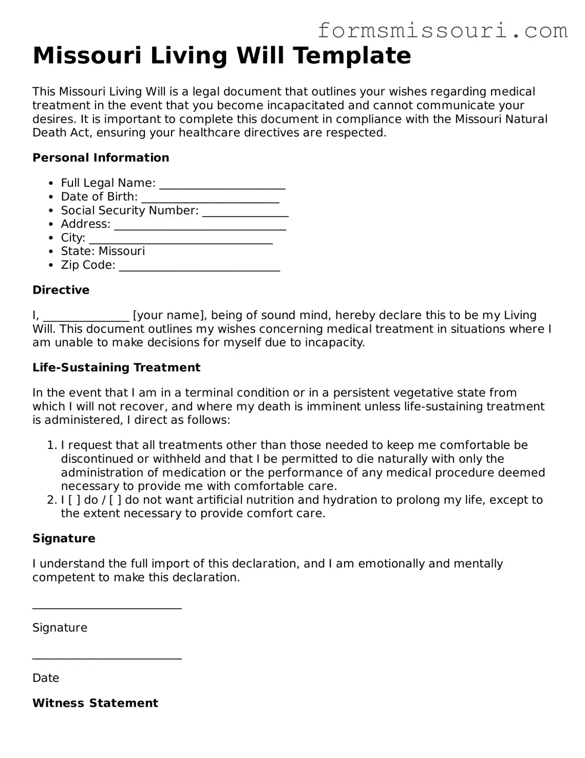  Living Will Form for Missouri