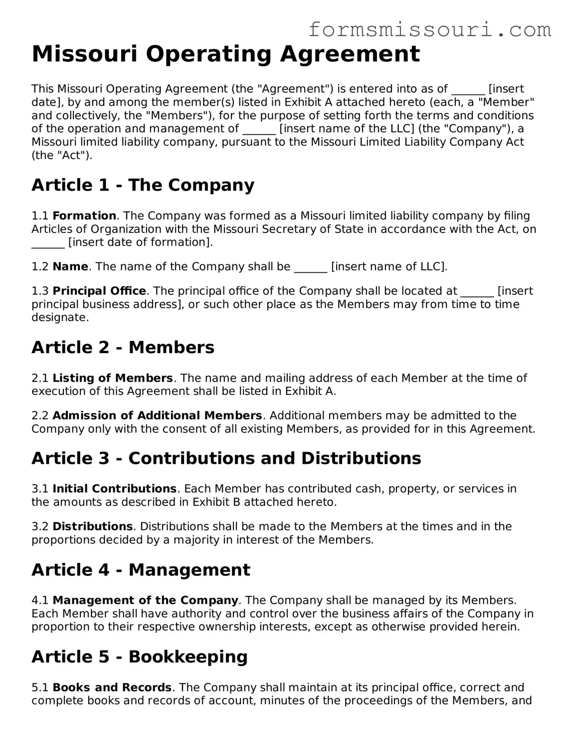  Operating Agreement Form for Missouri