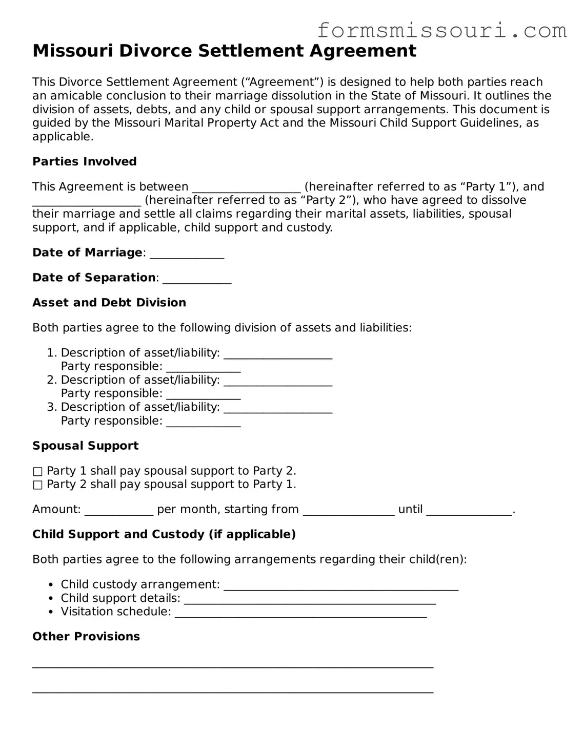  Divorce Settlement Agreement Form for Missouri
