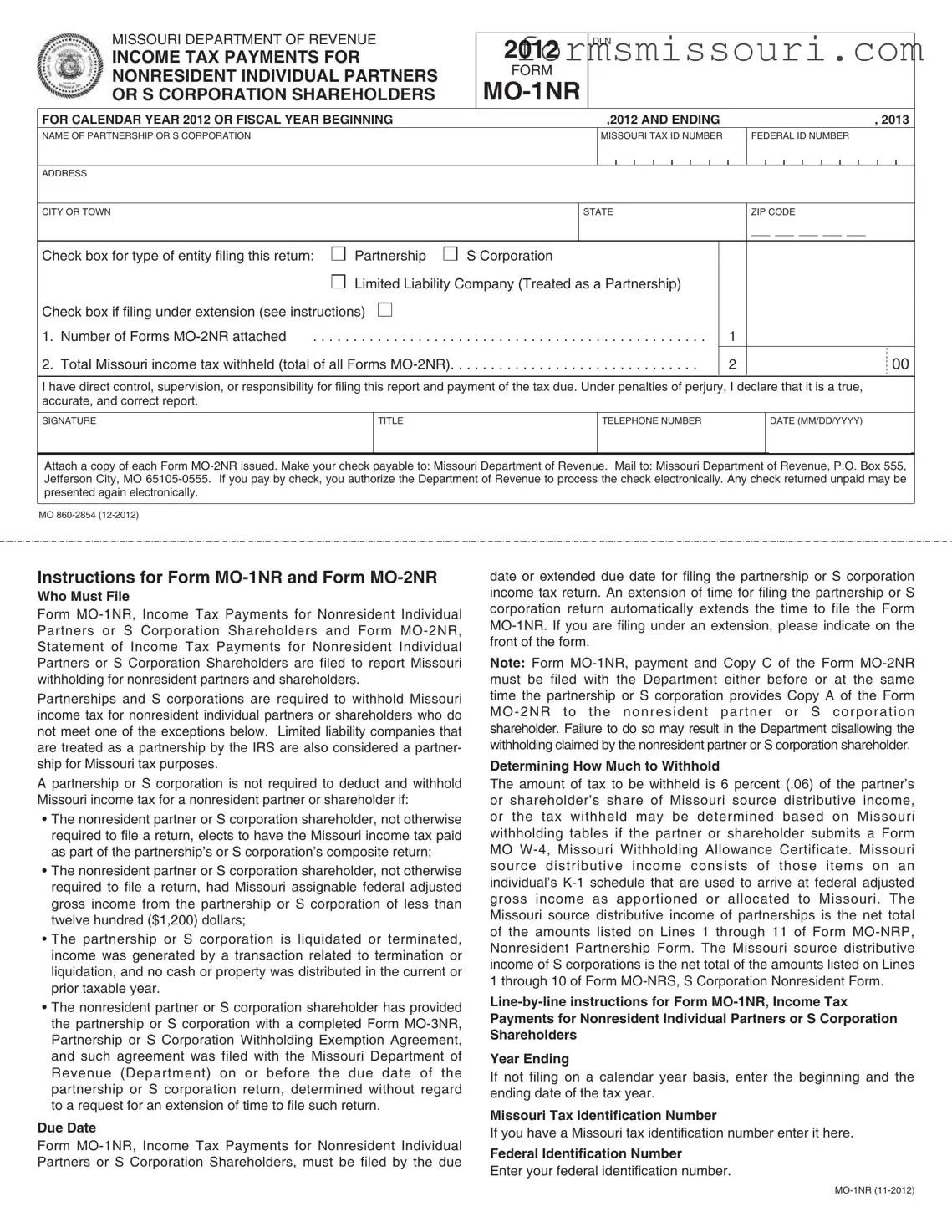 Missouri Mo 1Nr Form