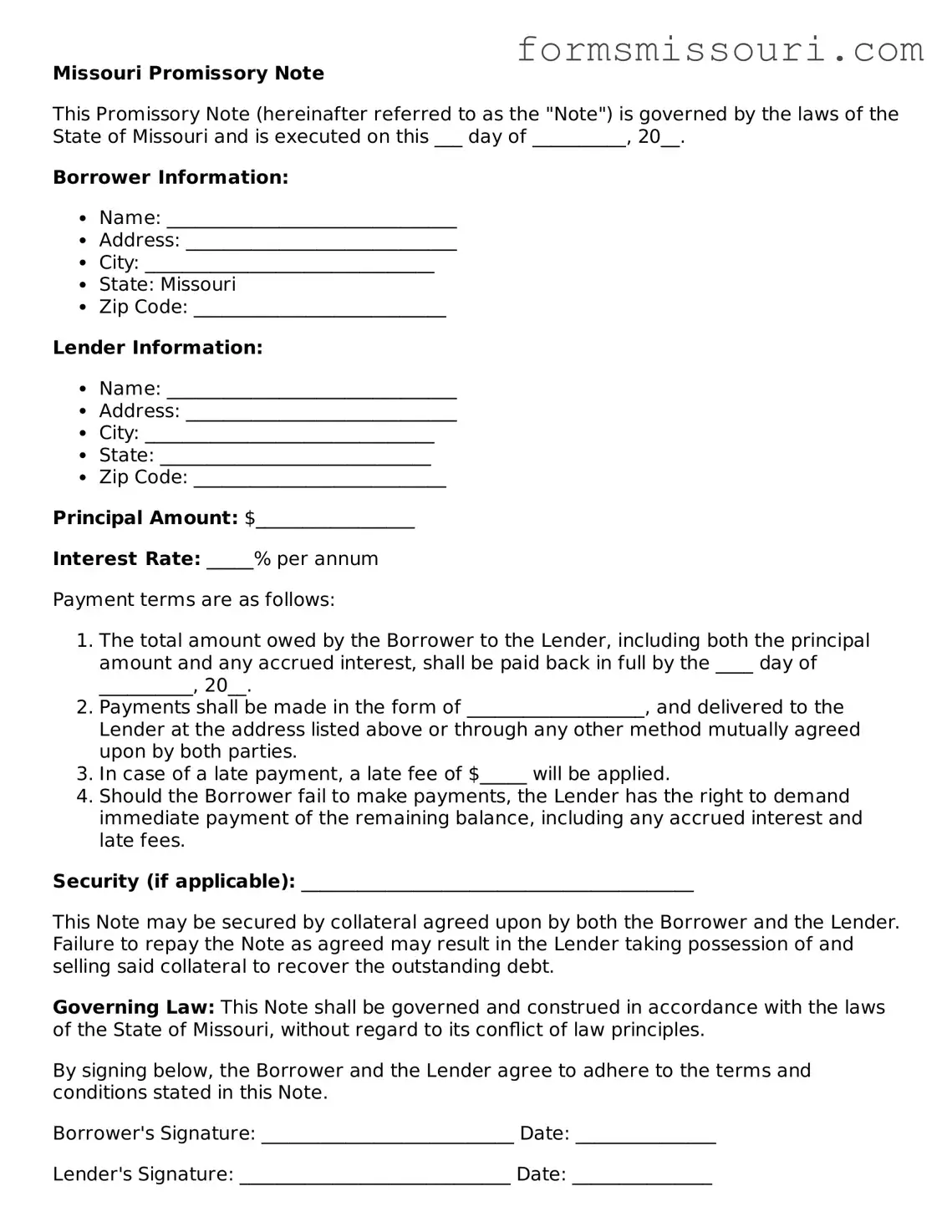  Promissory Note Form for Missouri
