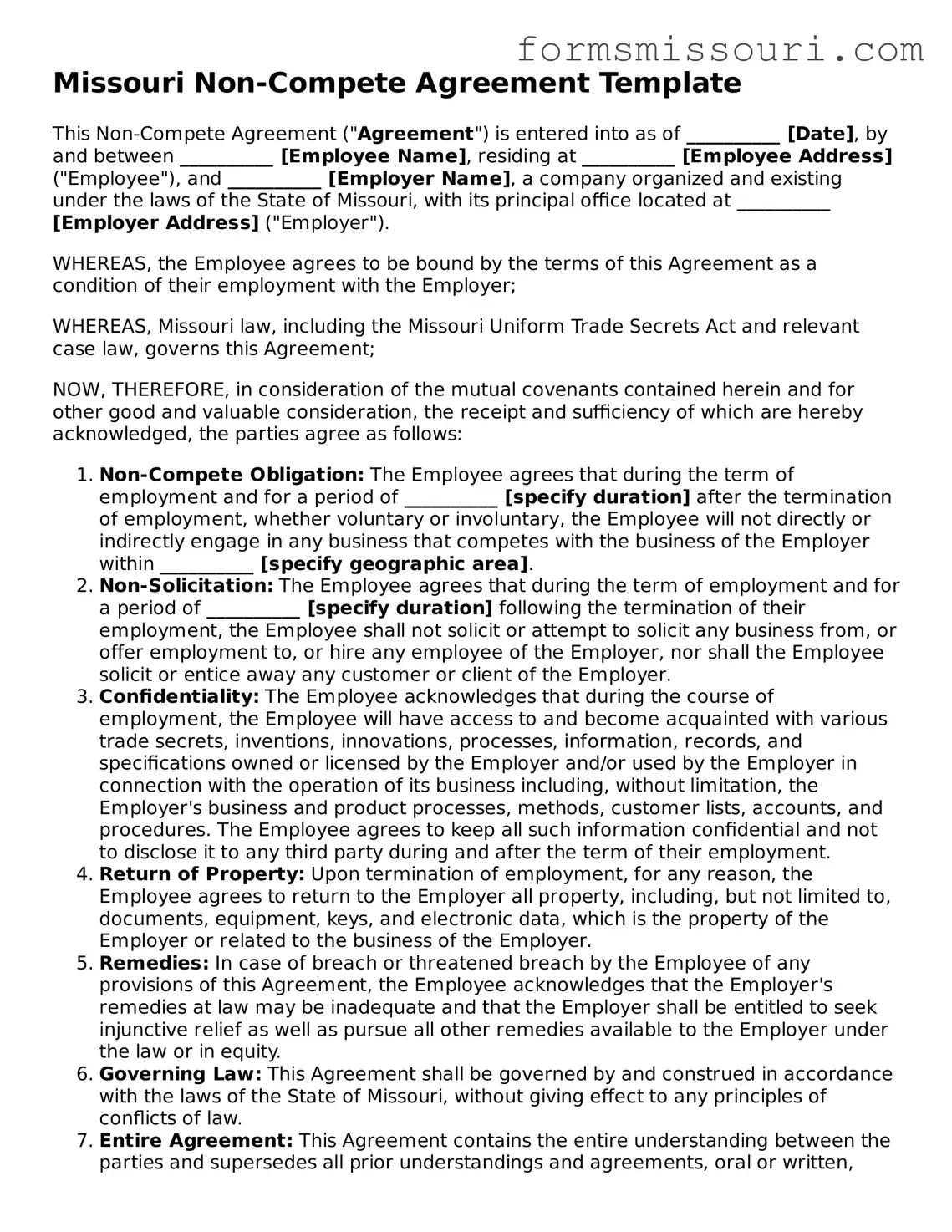  Non-compete Agreement Form for Missouri