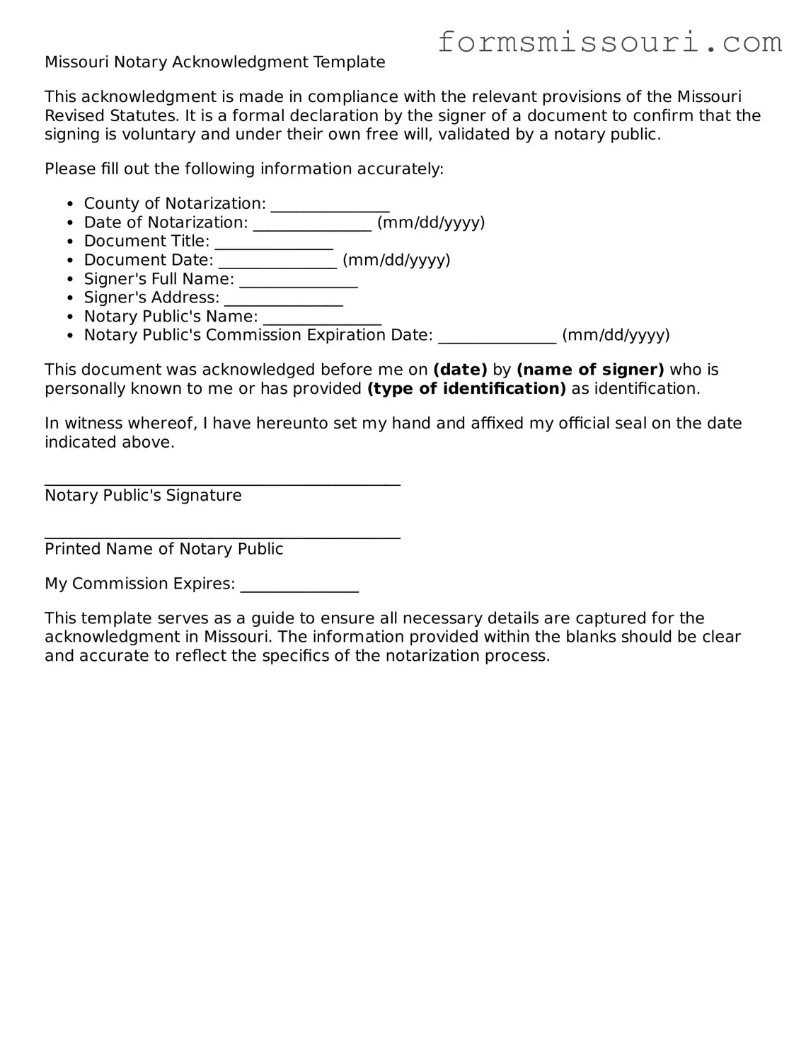  Notary Acknowledgement Form for Missouri
