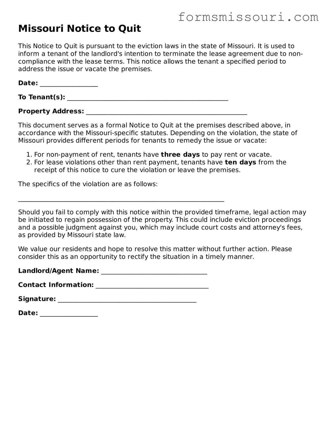  Notice to Quit Form for Missouri