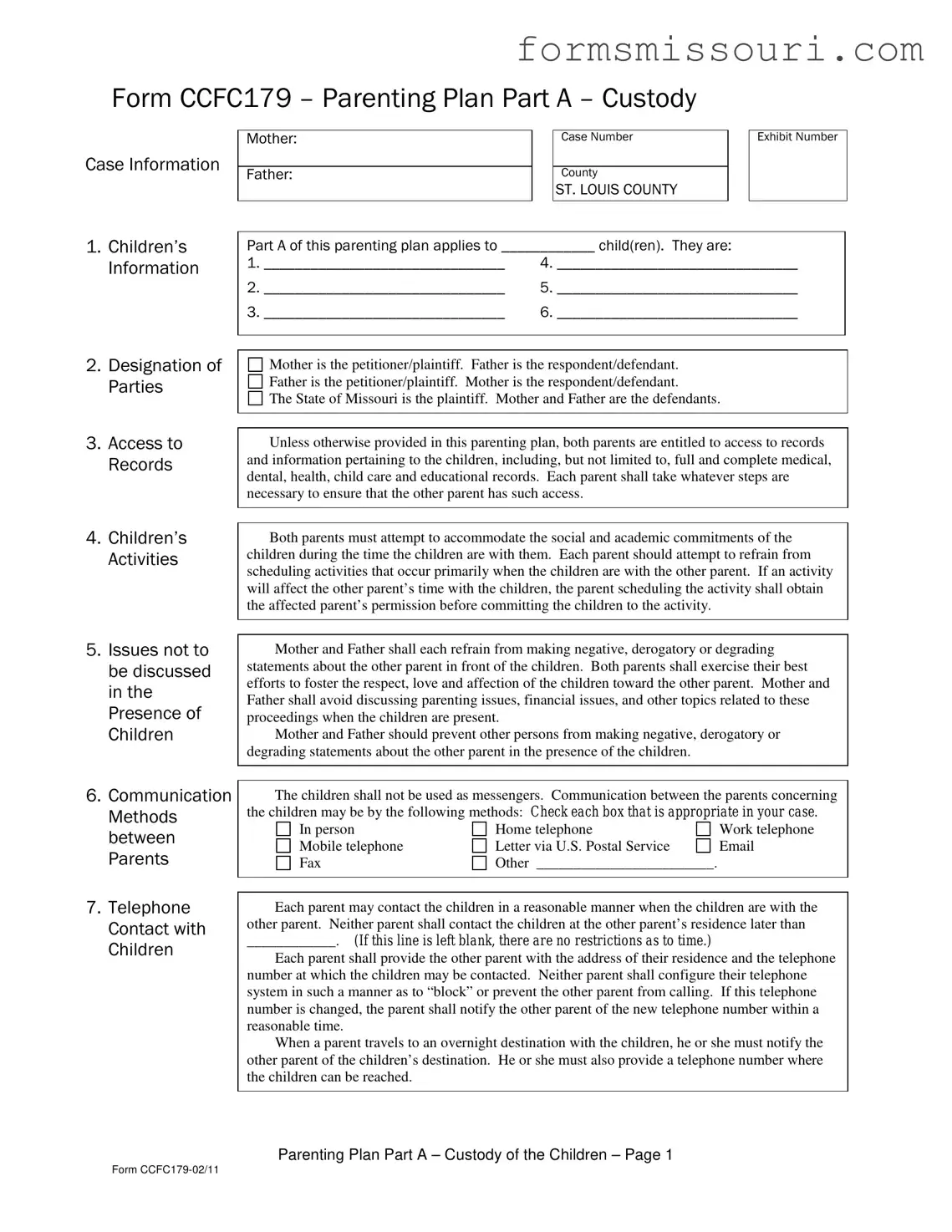Missouri Parenting Plan Form