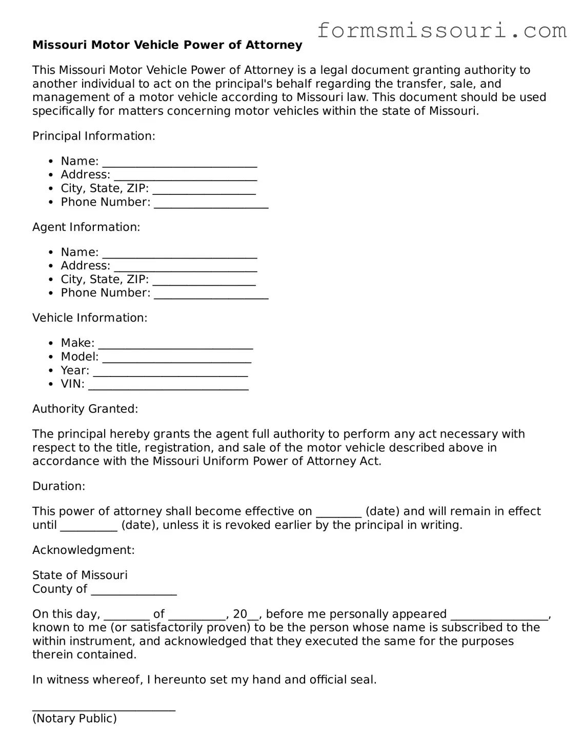  Motor Vehicle Power of Attorney Form for Missouri