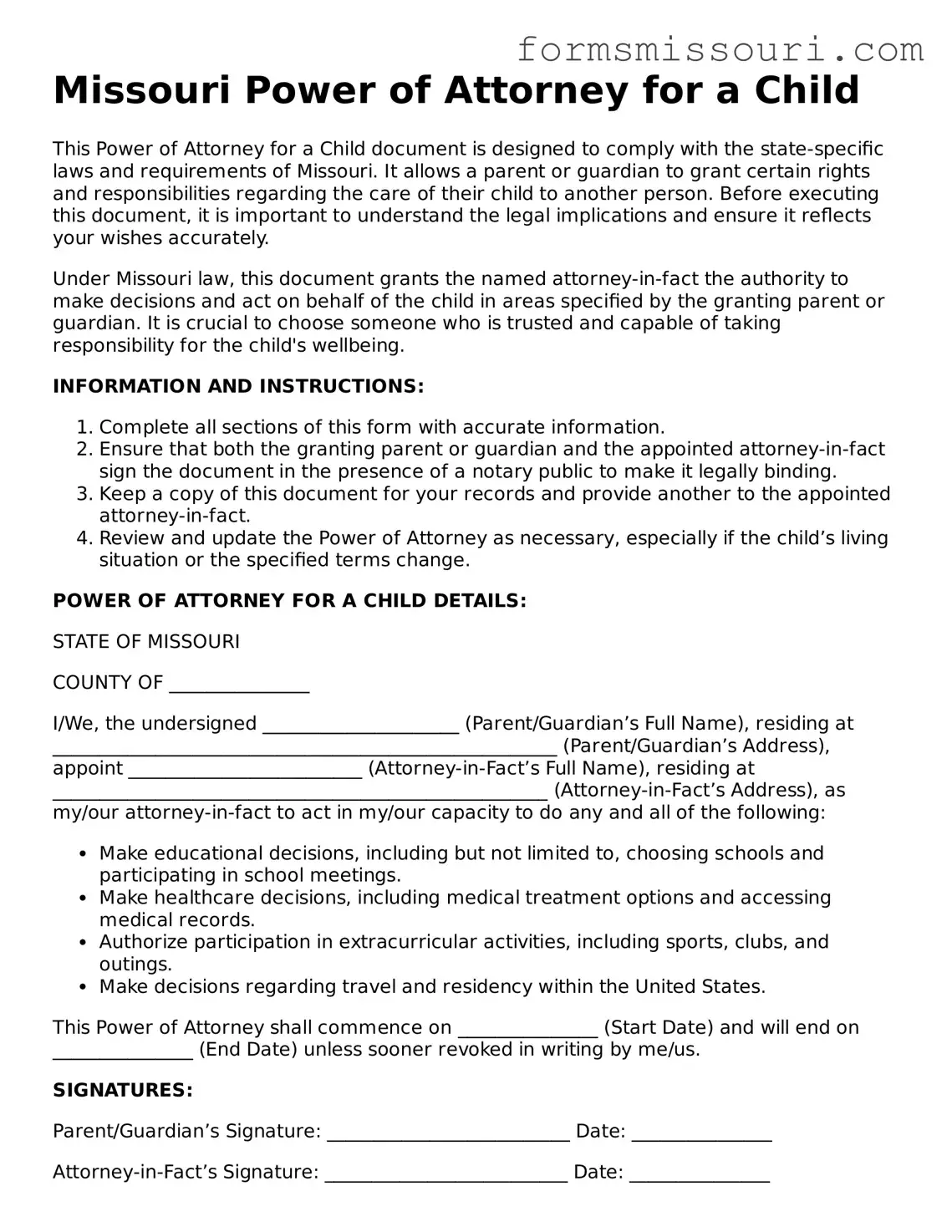 Power of Attorney for a Child Form for Missouri