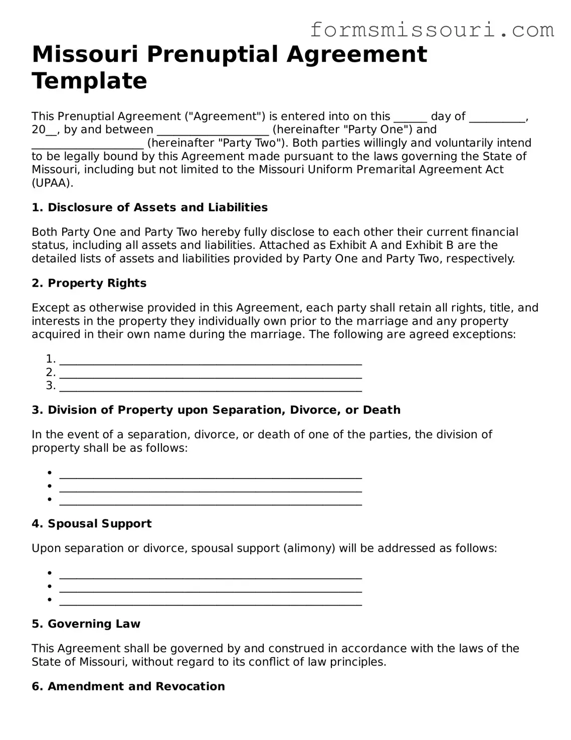  Prenuptial Agreement Form for Missouri