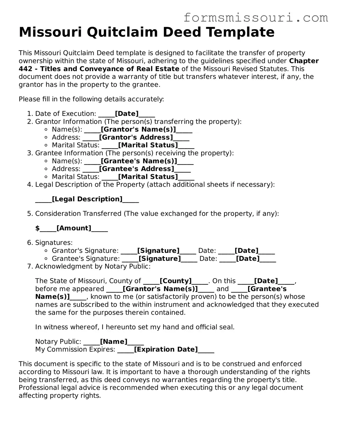  Quitclaim Deed Form for Missouri