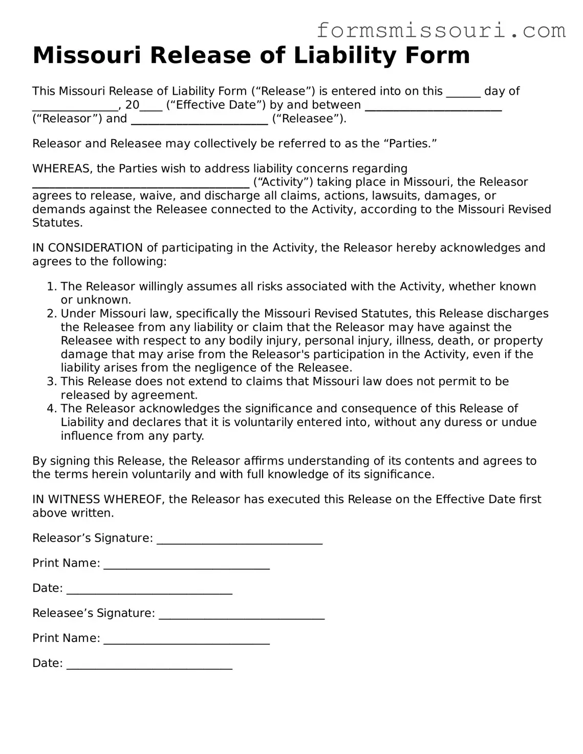  Release of Liability Form for Missouri