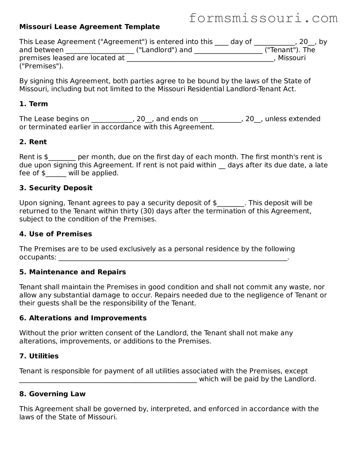  Lease Agreement Form for Missouri