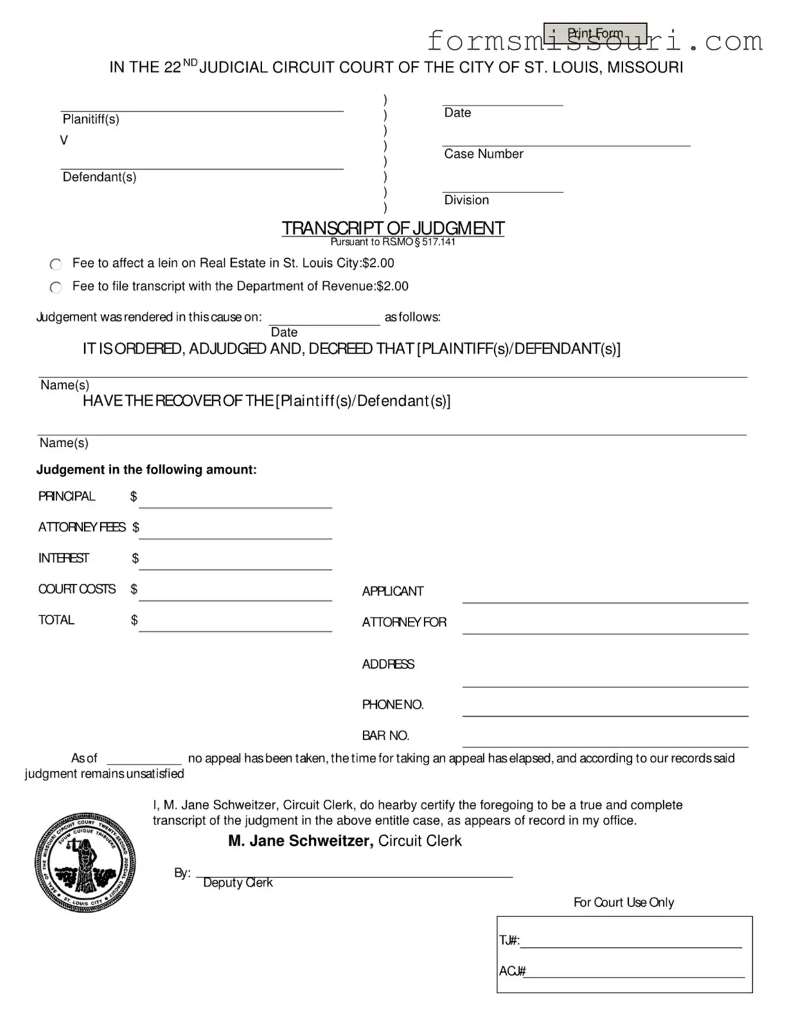 Missouri Transcript Of Judgment Form