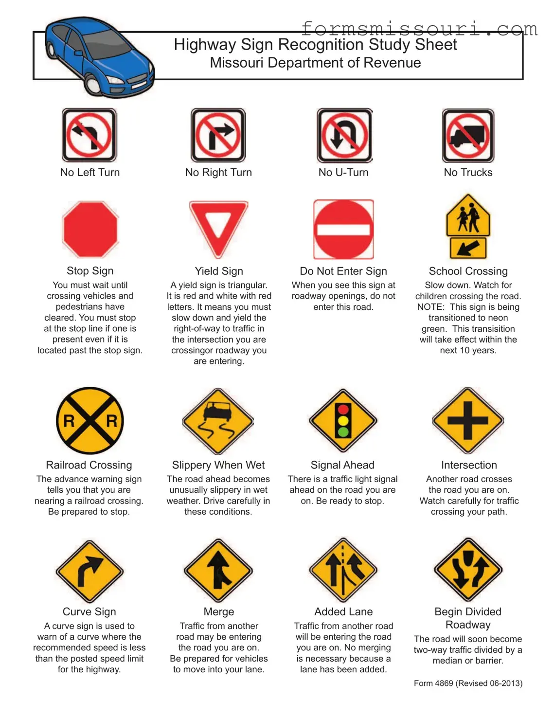 Road Sign Test Missouri Form