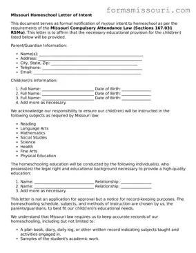  Homeschool Letter of Intent Form for Missouri