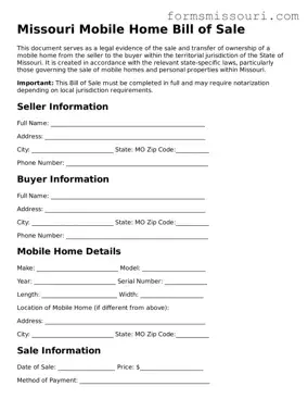  Mobile Home Bill of Sale Form for Missouri