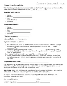  Promissory Note Form for Missouri