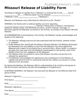  Release of Liability Form for Missouri